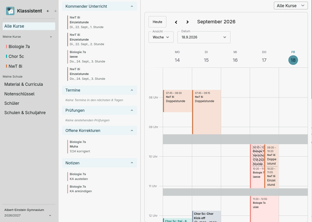 Kalender- und Dashboard-Ansicht der Klassistent Desktop-App